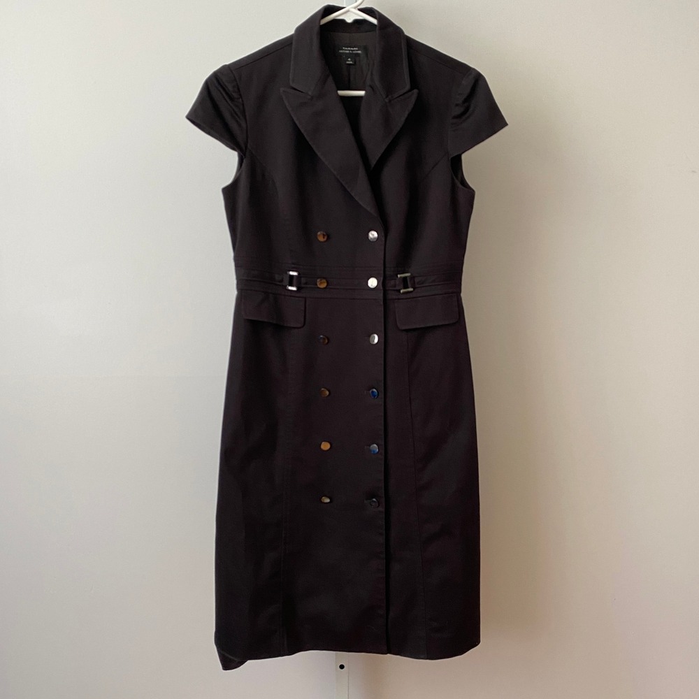 Tahari 4 Black Sheath Dress Double Breasted Cap Sleeve Belted Professional Work